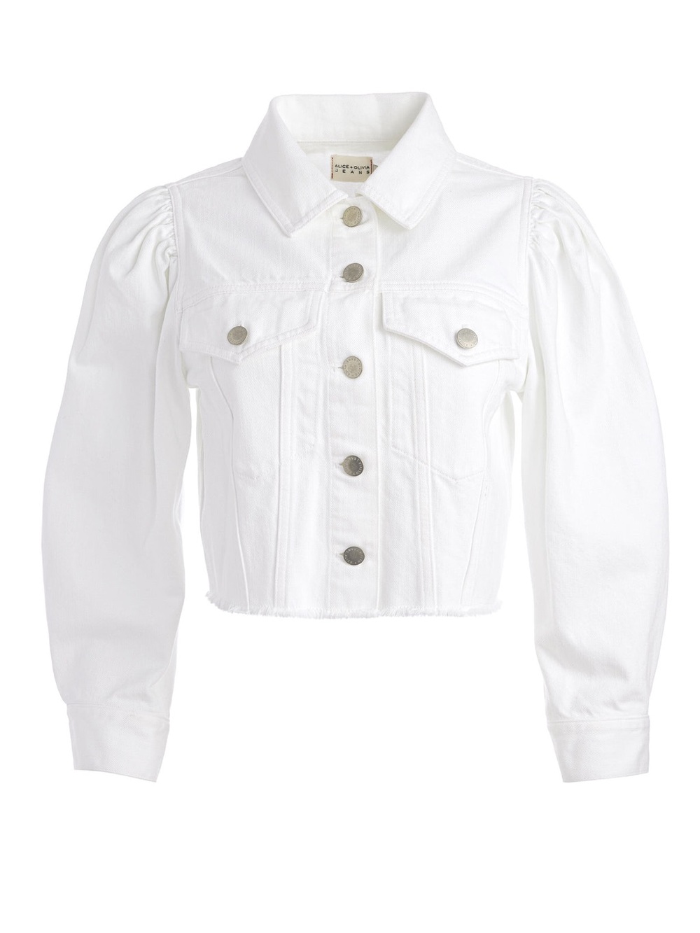 Alice + Olivia Lana White Cropped Raw Hem Denim Jacket